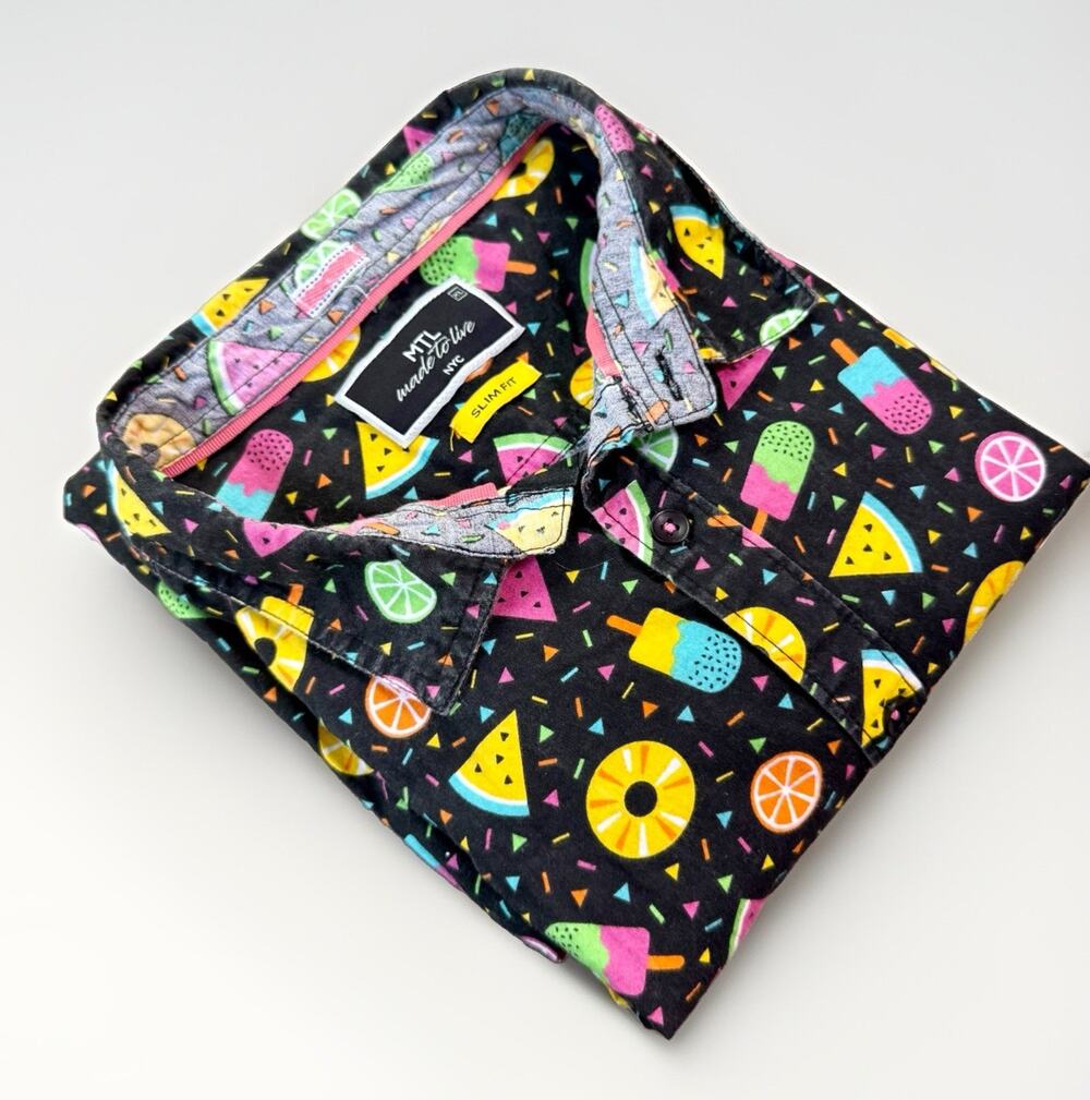 MTL Made to Live Fruit Print Shirt XL Summer Vacation Pool Party Slim Fit
